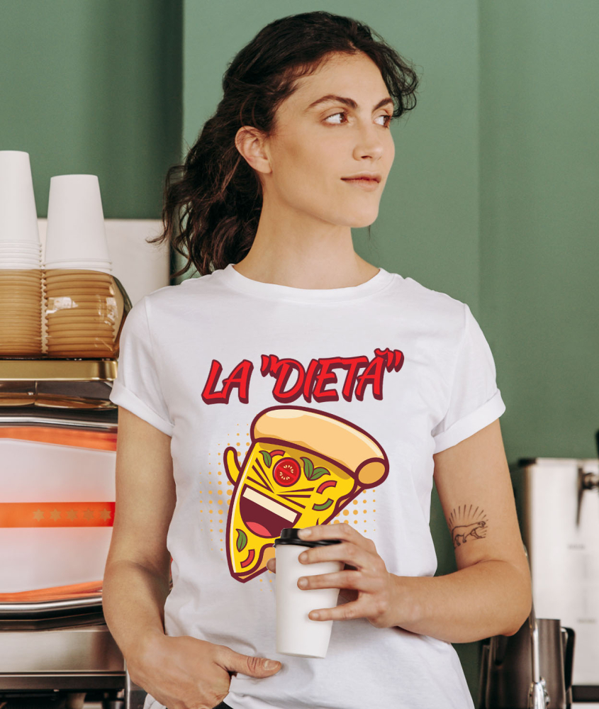 Tricou Femei, Barbati, Copii, Fata, Baiat, Unisex Personalizat Felie de pizza personalizată pentru copii | Cadou amuzant cu text „La dietă” și fast food [2]