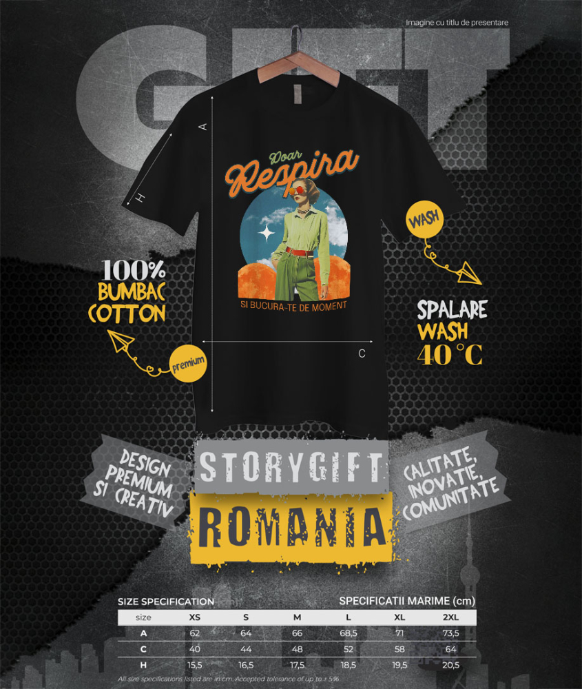 Tricou Femei, Barbati, Copii, Fata, Baiat, Unisex Personalizat Femeie Stil Retro cu Ochelari Aviator și Mesaj "Doar Respiră și Bucură-te de Moment" - Cadouri Personalizate cu Artă Abstractă și Inspirație [4]