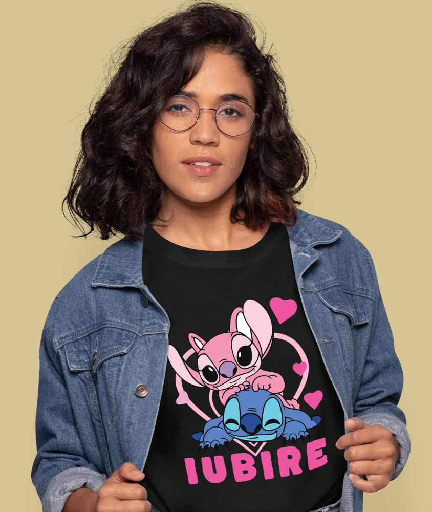 Tricou Femei cu Fericire alaturi de Angel si Stitch 100% Bumbac, Negru, M [2]