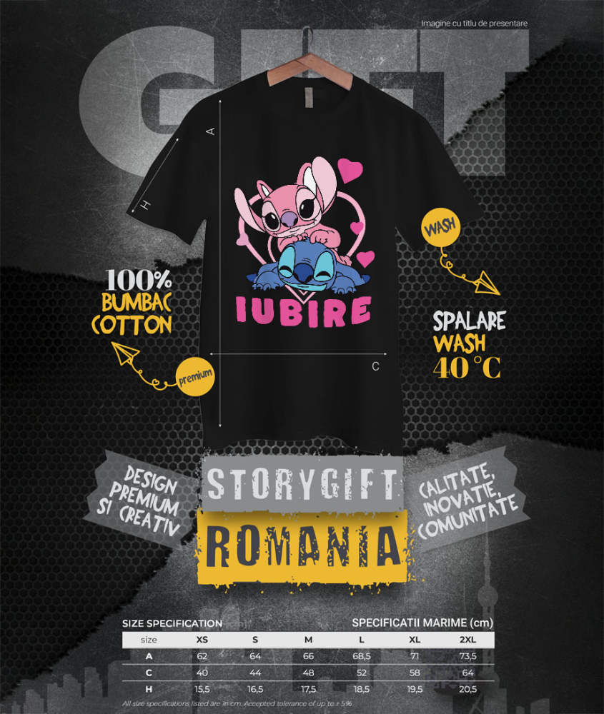 Tricou Femei cu Fericire alaturi de Angel si Stitch 100% Bumbac, Negru, M [4]