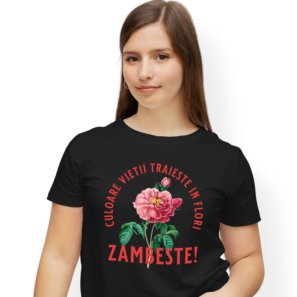 Tricou Femei, Barbati, Copii, Fata, Baiat, Unisex Personalizat Floare Colorată cu Text „Zâmbește, Culoarea Vieții Trăiește în Flori” | Cadouri Personalizate pentru Femei, Familie și Prieteni [1]