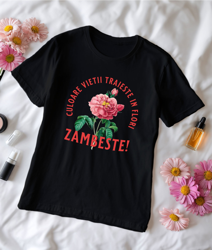 Tricou Femei, Barbati, Copii, Fata, Baiat, Unisex Personalizat Floare Colorată cu Text „Zâmbește, Culoarea Vieții Trăiește în Flori” | Cadouri Personalizate pentru Femei, Familie și Prieteni [3]