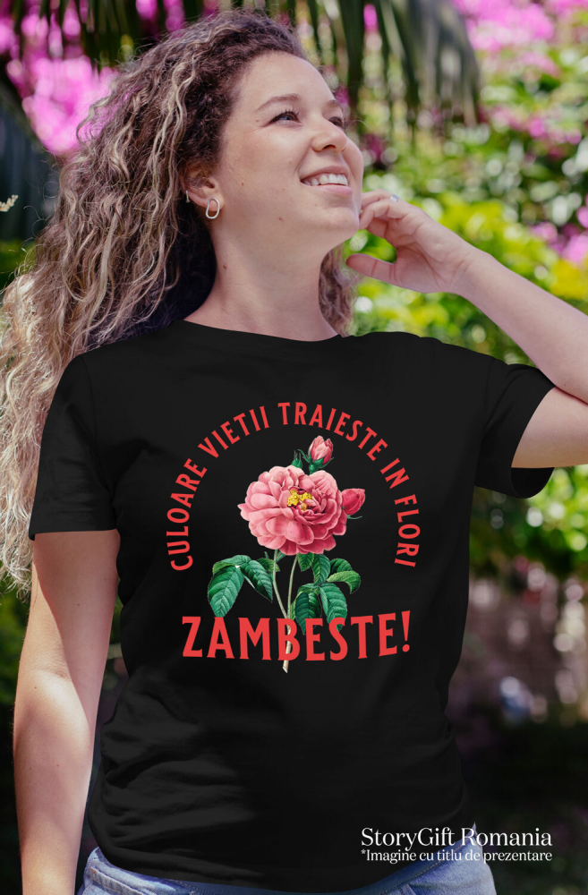 Tricou Femei, Barbati, Copii, Fata, Baiat, Unisex Personalizat Floare Colorată cu Text „Zâmbește, Culoarea Vieții Trăiește în Flori” | Cadouri Personalizate pentru Femei, Familie și Prieteni [2]