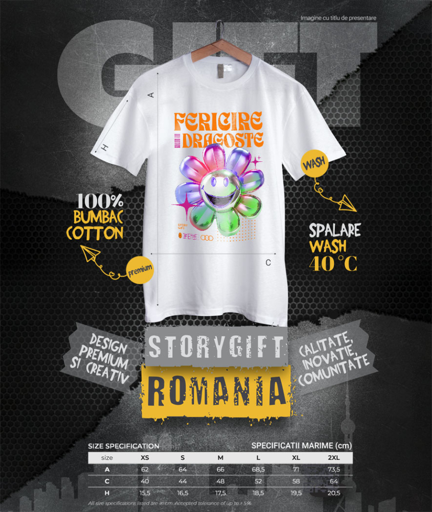 Tricou Femei, Barbati, Copii, Fata, Baiat, Unisex Personalizat Floare Colorată Veselă cu Text „Fericire, Dragoste, Natură” | Cadouri Personalizate pentru Femei, Familie și Prieteni [4]