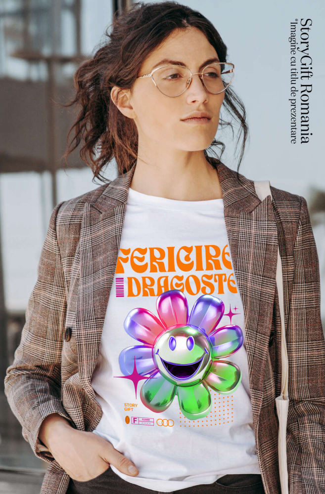 Tricou Femei, Barbati, Copii, Fata, Baiat, Unisex Personalizat Floare Colorată Veselă cu Text „Fericire, Dragoste, Natură” | Cadouri Personalizate pentru Femei, Familie și Prieteni [2]