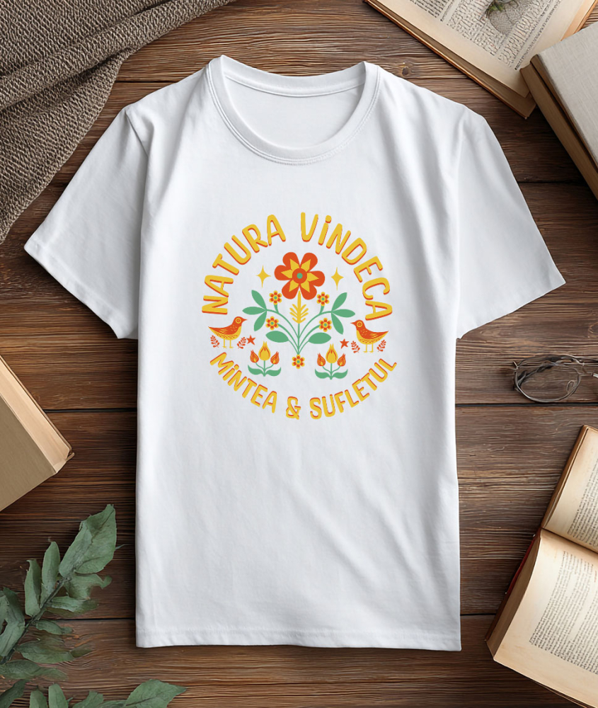 Tricou Femei, Barbati, Copii, Fata, Baiat, Unisex Personalizat Flori Colorate și Păsări cu Text „Natura Vindecă Mintea și Sufletul” | Cadouri Personalizate pentru Femei, Familie și Prieteni [3]