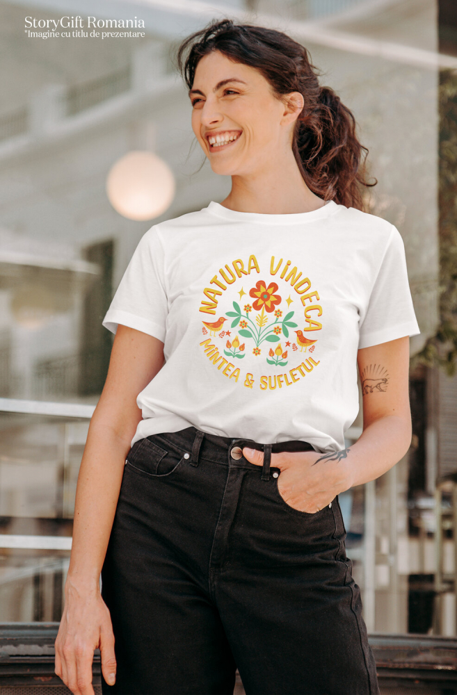 Tricou Femei, Barbati, Copii, Fata, Baiat, Unisex Personalizat Flori Colorate și Păsări cu Text „Natura Vindecă Mintea și Sufletul” | Cadouri Personalizate pentru Femei, Familie și Prieteni [2]