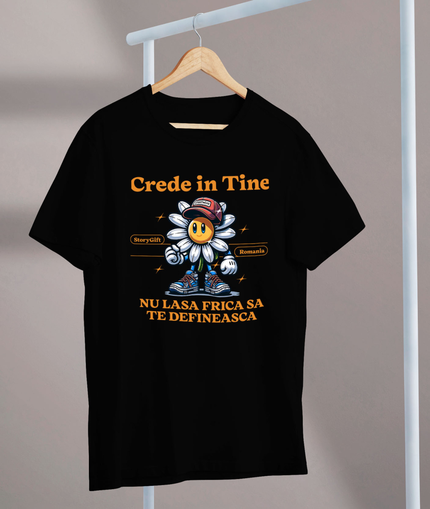 Tricou Femei, Barbati, Copii, Fata, Baiat, Unisex Personalizat Floare Veselă cu Sapcă și Text „Crede în Tine” | Cadouri Personalizate pentru Femei, Copii și Familie [3]