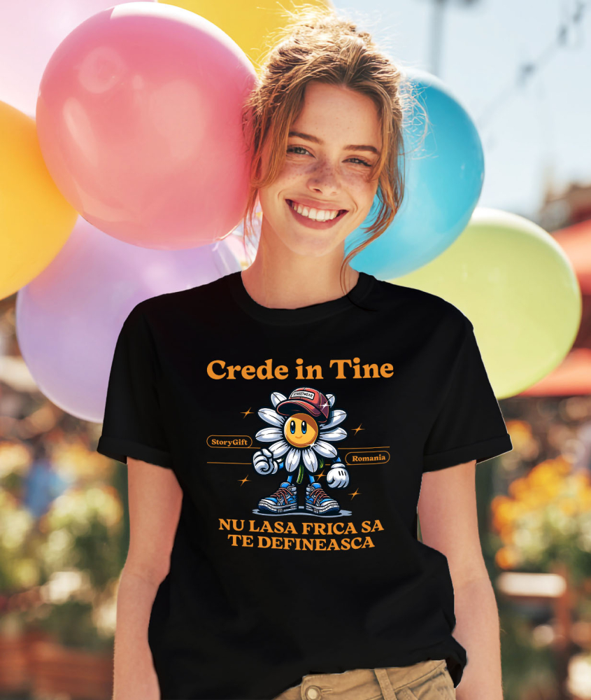 Tricou Femei, Barbati, Copii, Fata, Baiat, Unisex Personalizat Floare Veselă cu Sapcă și Text „Crede în Tine” | Cadouri Personalizate pentru Femei, Copii și Familie [2]