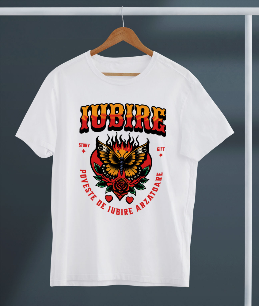 Tricou Femei, Barbati, Copii, Fata, Baiat, Unisex Personalizat Fluture Colorat în Flăcări și Floare Roșie - Poveste de Iubire Arzătoare pentru Cadouri Personalizate [3]