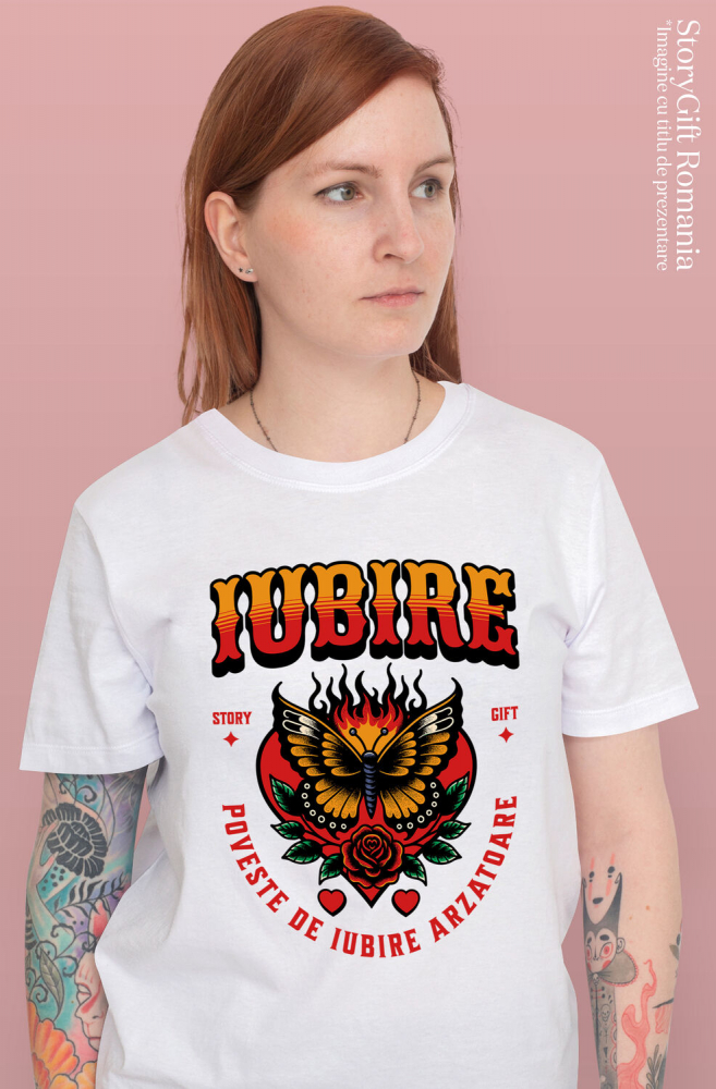 Tricou Femei, Barbati, Copii, Fata, Baiat, Unisex Personalizat Fluture Colorat în Flăcări și Floare Roșie - Poveste de Iubire Arzătoare pentru Cadouri Personalizate [2]