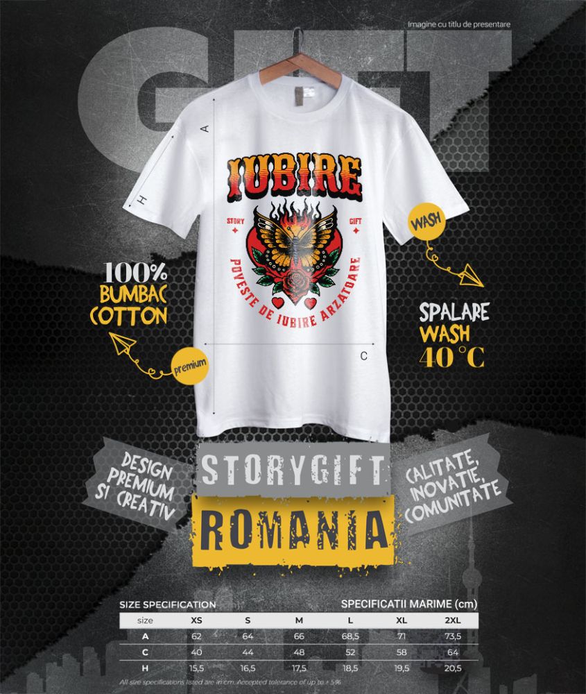 Tricou Femei, Barbati, Copii, Fata, Baiat, Unisex Personalizat Fluture Colorat în Flăcări și Floare Roșie - Poveste de Iubire Arzătoare pentru Cadouri Personalizate [4]