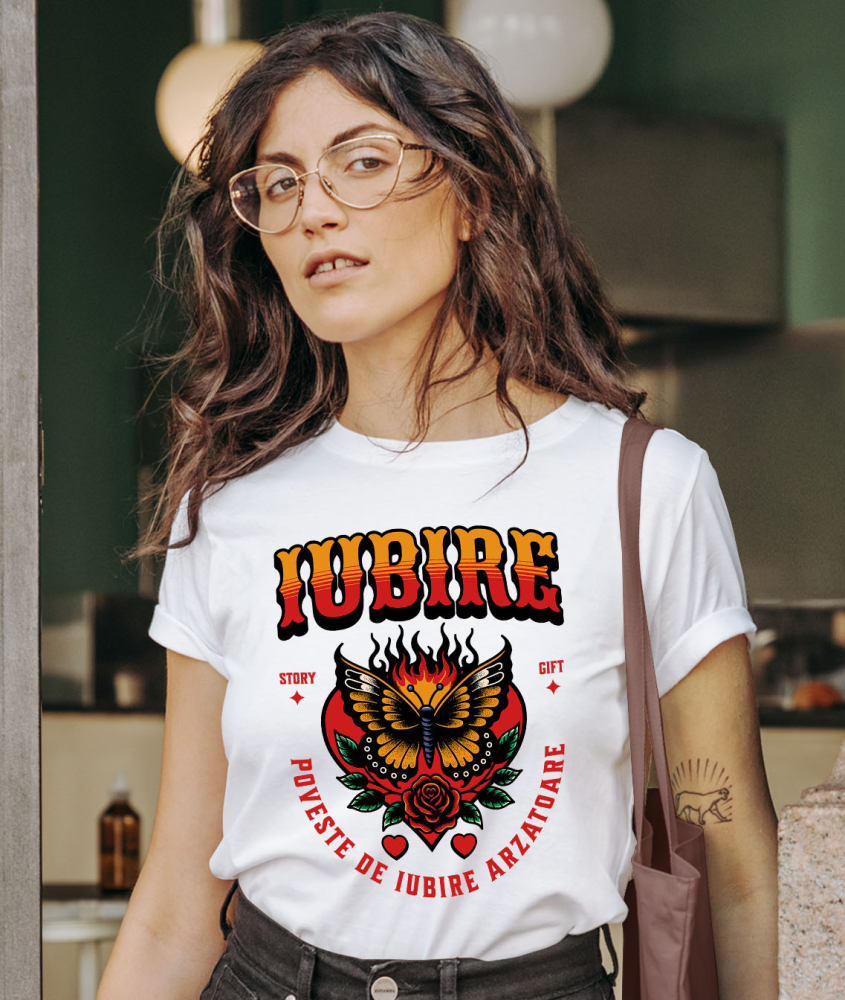 Tricou Femei, Barbati, Copii, Fata, Baiat, Unisex Personalizat Fluture Colorat în Flăcări și Floare Roșie - Poveste de Iubire Arzătoare pentru Cadouri Personalizate [2]