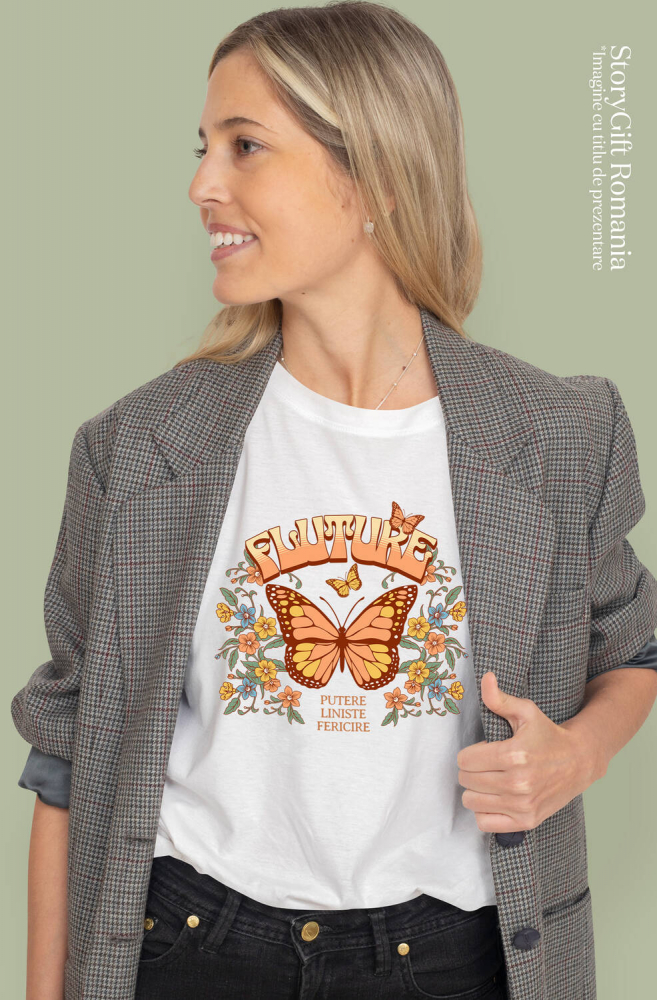 Tricou Femei, Barbati, Copii, Fata, Baiat, Unisex Personalizat Fluture Portocaliu cu Mesaj de Putere și Liniște | Cadou Personalizat cu Flori Colorate [2]