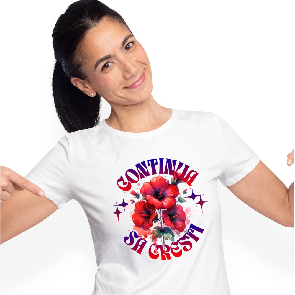 Tricou Femei, Barbati, Copii, Fata, Baiat, Unisex Personalizat Flori Mac Roșu cu Mesaj Motivational „Continuă Să Crești” | Cadou Personalizat Inspirational [1]