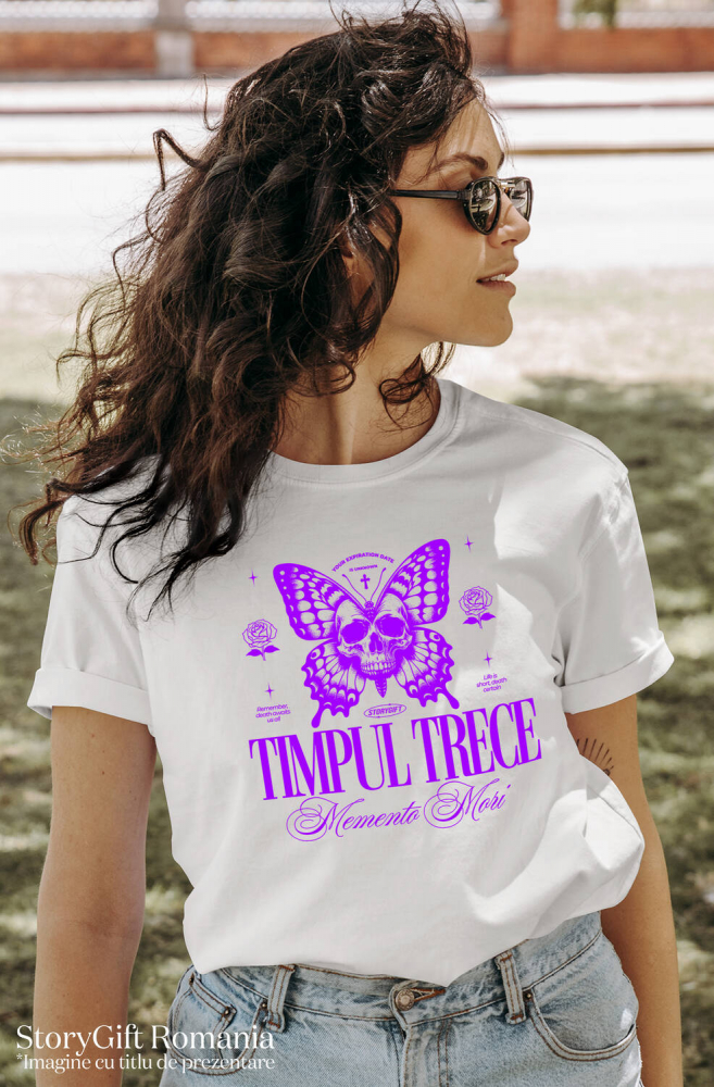 Tricou Femei, Barbati, Copii, Fata, Baiat, Unisex Personalizat Fluture cu Craniu Uman și Cruce – Mesaj Motivațional „Timpul Trece - Momento Mori” - Cadou Personalizat [2]