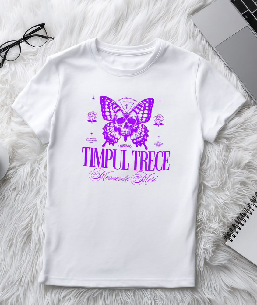 Tricou Femei, Barbati, Copii, Fata, Baiat, Unisex Personalizat Fluture cu Craniu Uman și Cruce – Mesaj Motivațional „Timpul Trece - Momento Mori” - Cadou Personalizat [3]