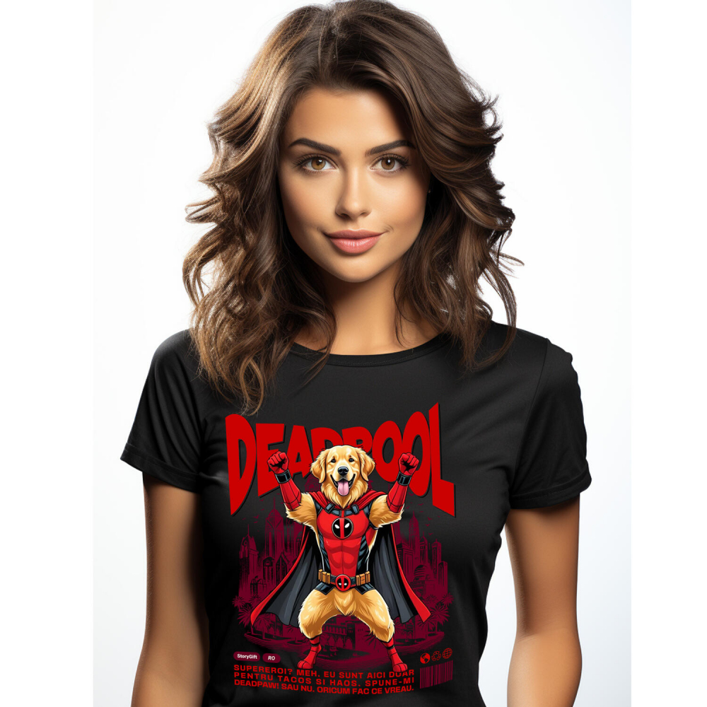 Tricou Femei, Barbati, Copii, Fata, Baiat, Unisex Personalizat Golden Retriever în Costum Deadpool - Cadou Personalizat pentru Copii și Familie [1]