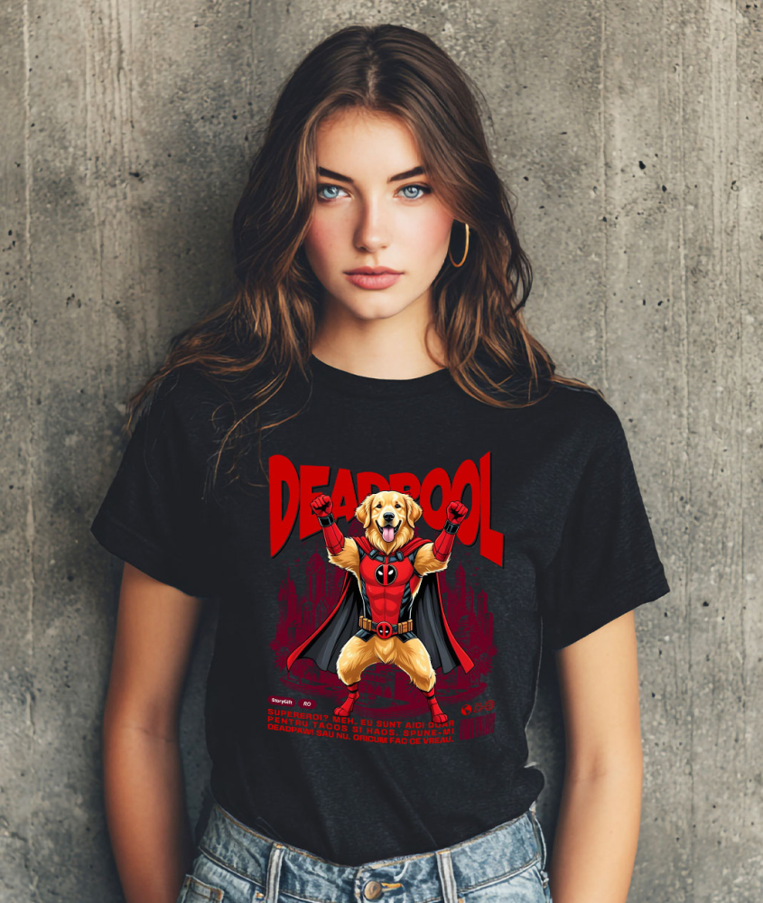 Tricou Femei, Barbati, Copii, Fata, Baiat, Unisex Personalizat Golden Retriever în Costum Deadpool - Cadou Personalizat pentru Copii și Familie [2]