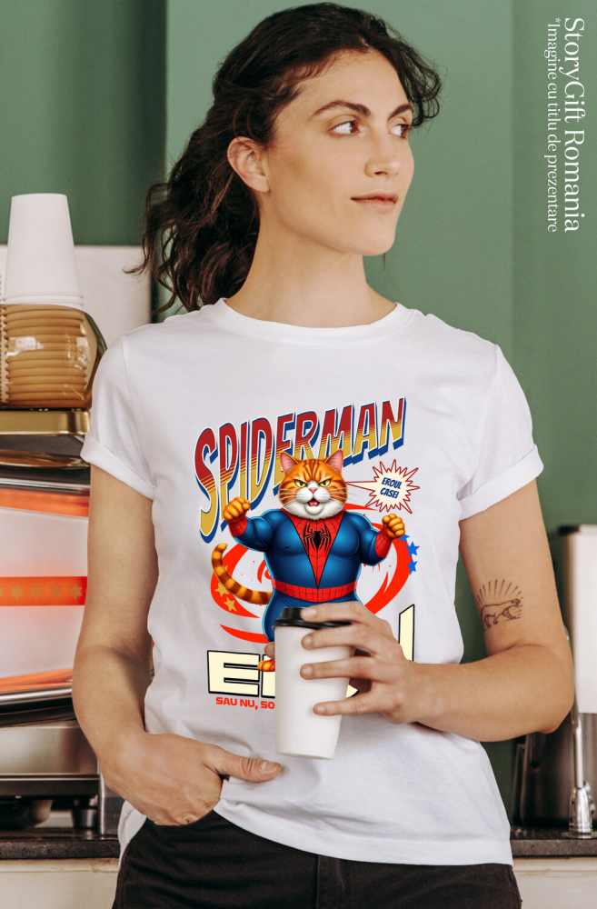 Tricou Femei, Barbati, Copii, Fata, Baiat, Unisex Personalizat Pisică Grasă în Costum Spider-Man cu Pelerină - Cadou Personalizat pentru Iubitorii de Pisici și Copii [2]