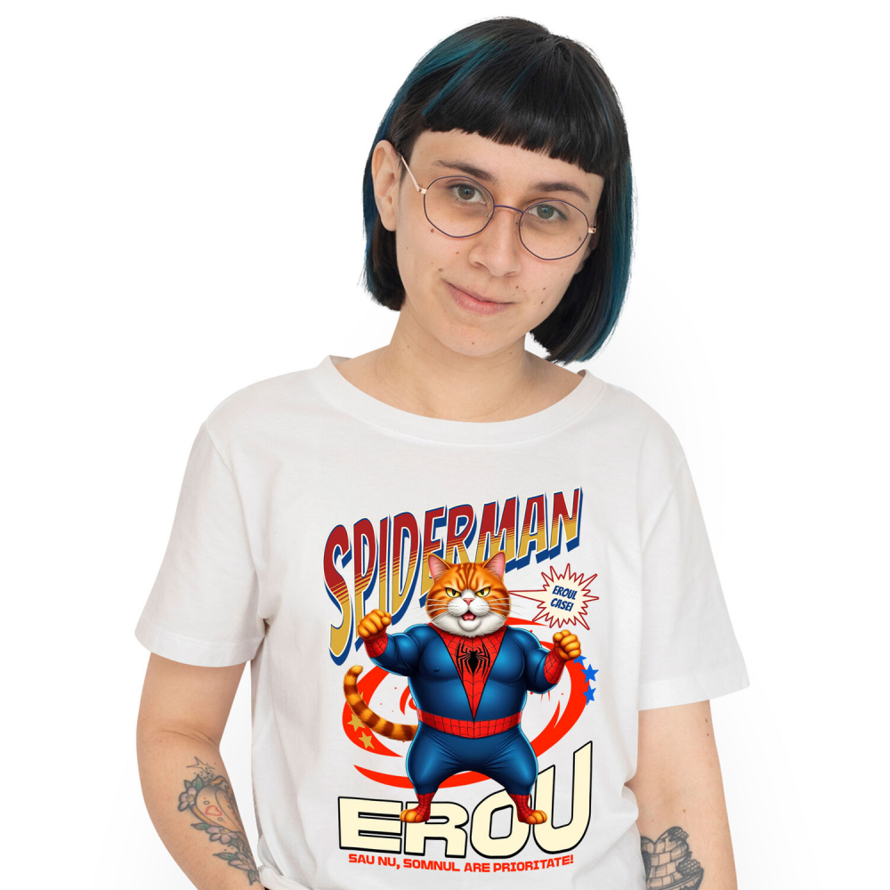 Tricou Femei, Barbati, Copii, Fata, Baiat, Unisex Personalizat Pisică Grasă în Costum Spider-Man cu Pelerină - Cadou Personalizat pentru Iubitorii de Pisici și Copii [1]