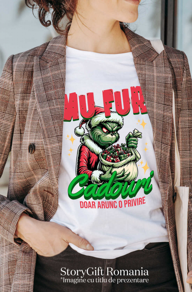 Tricou Femei, Barbati, Copii, Fata, Baiat, Unisex Personalizat Grinch în Costum de Moș Crăciun cu Sac de Cadouri – „Doar Arunc o Privire” pentru un Crăciun Amuzant [2]