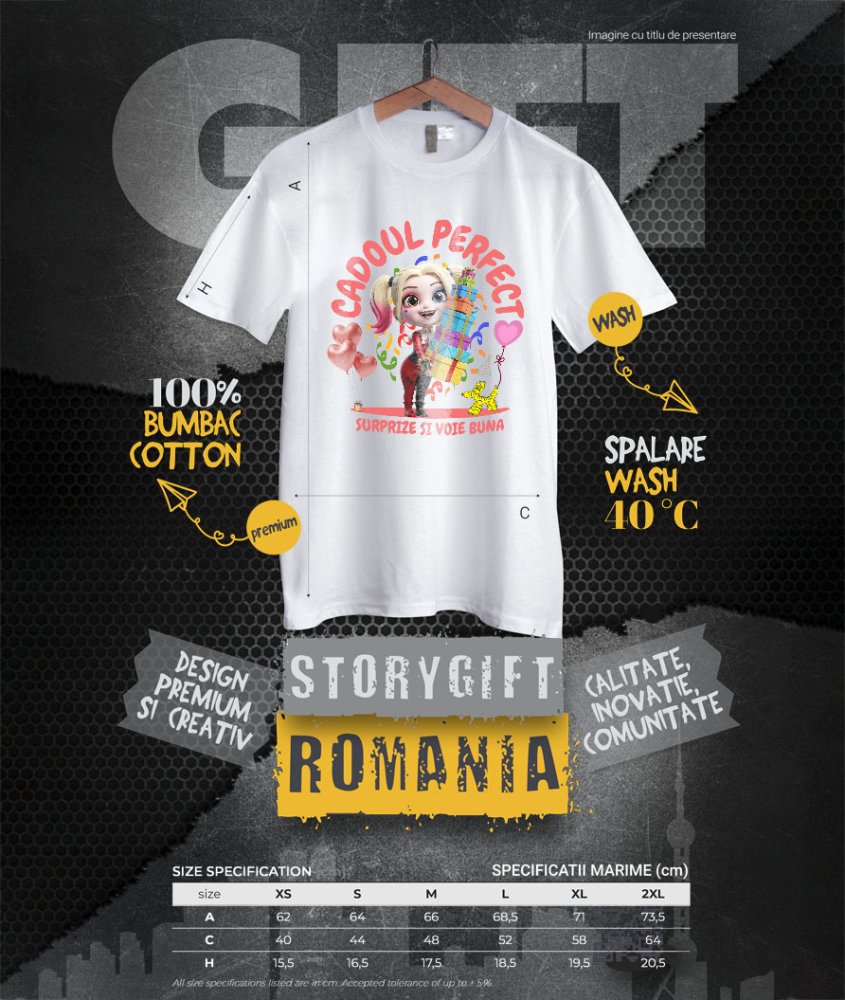 Tricou Femei cu Harley Quinn Aniversare - Cadou cu Inima Nebuna 100% Bumbac, Alb, S [4]