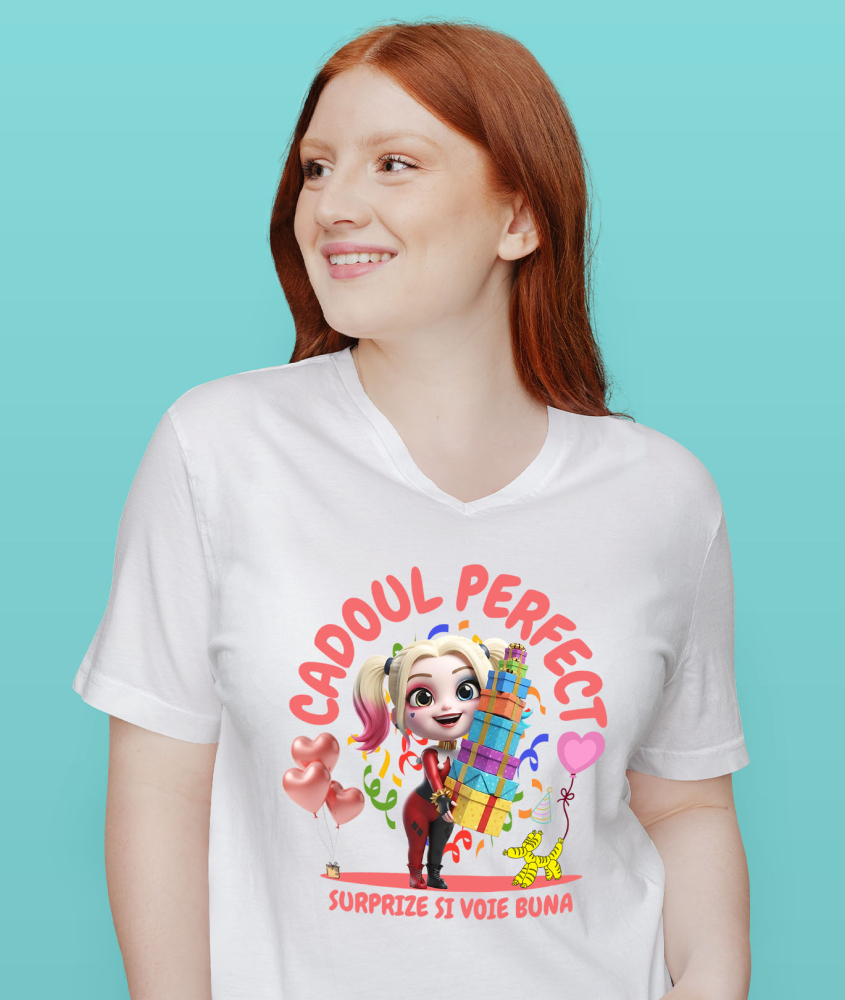 Tricou Femei cu Harley Quinn Aniversare - Cadou cu Inima Nebuna 100% Bumbac, Alb, S [2]