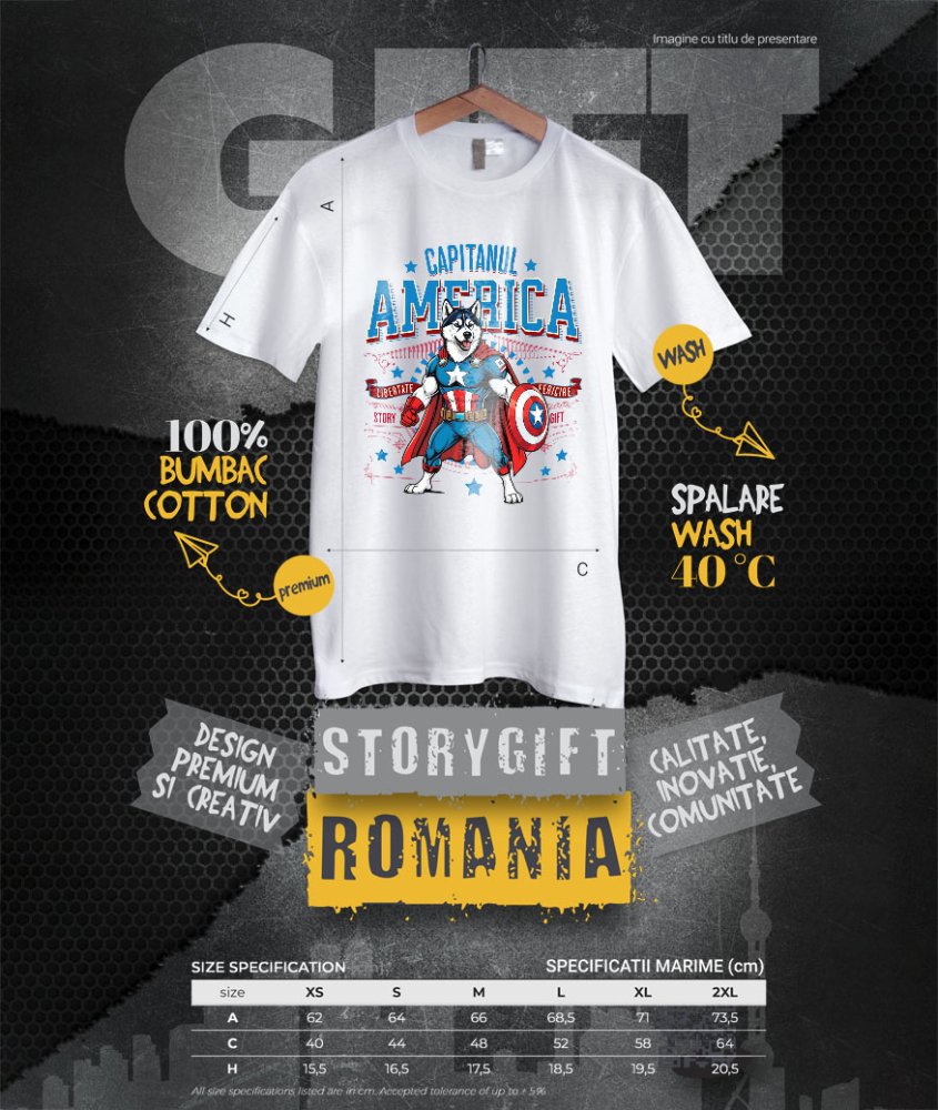 Tricou Femei, Barbati, Copii, Fata, Baiat, Unisex Personalizat Husky Siberian în Costum Captain America cu Pelerină - Cadou Personalizat pentru Copii și Iubitorii de Câini [4]