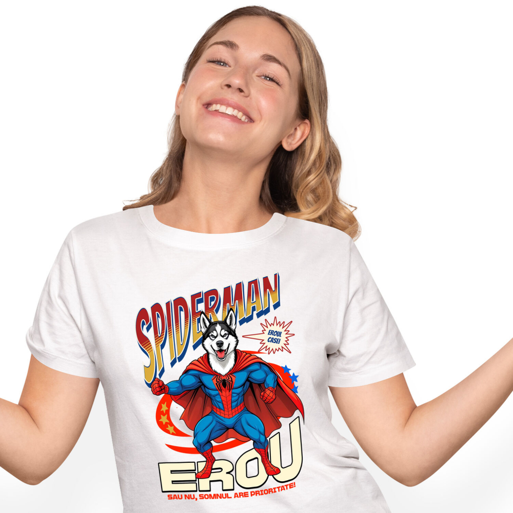 Tricou Femei, Barbati, Copii, Fata, Baiat, Unisex Personalizat Husky Siberian în Costum Spider-Man - Cadou Personalizat pentru Copii și Familie [1]