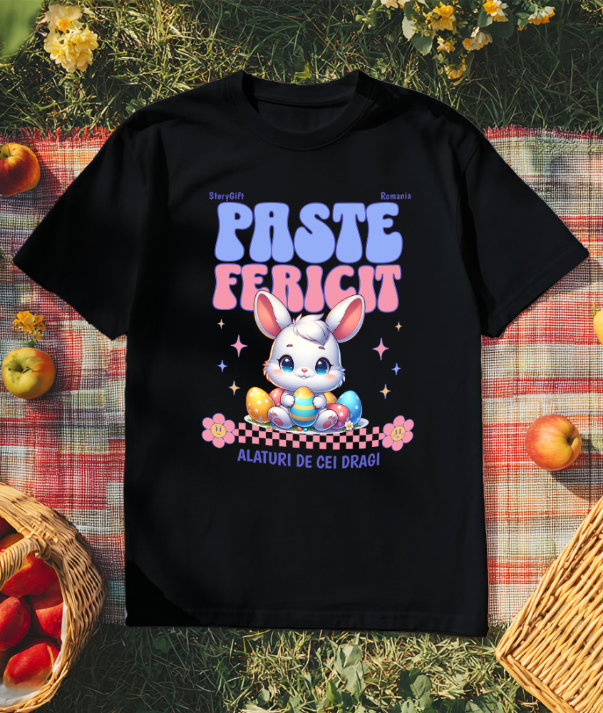 Tricou Femei, Barbati, Copii, Fata, Baiat, Unisex Personalizat "Iepure Alb Copii Cu Oua Colorate, Flori și Stele - Paște Fericit Alături De Cei Dragi" [3]
