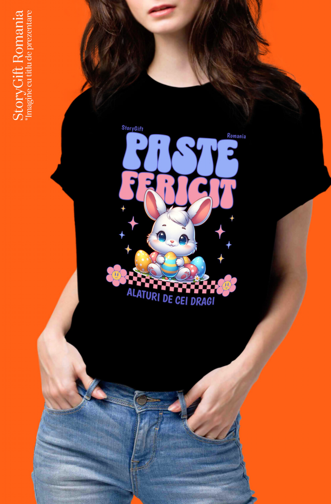 Tricou Femei, Barbati, Copii, Fata, Baiat, Unisex Personalizat "Iepure Alb Copii Cu Oua Colorate, Flori și Stele - Paște Fericit Alături De Cei Dragi" [2]