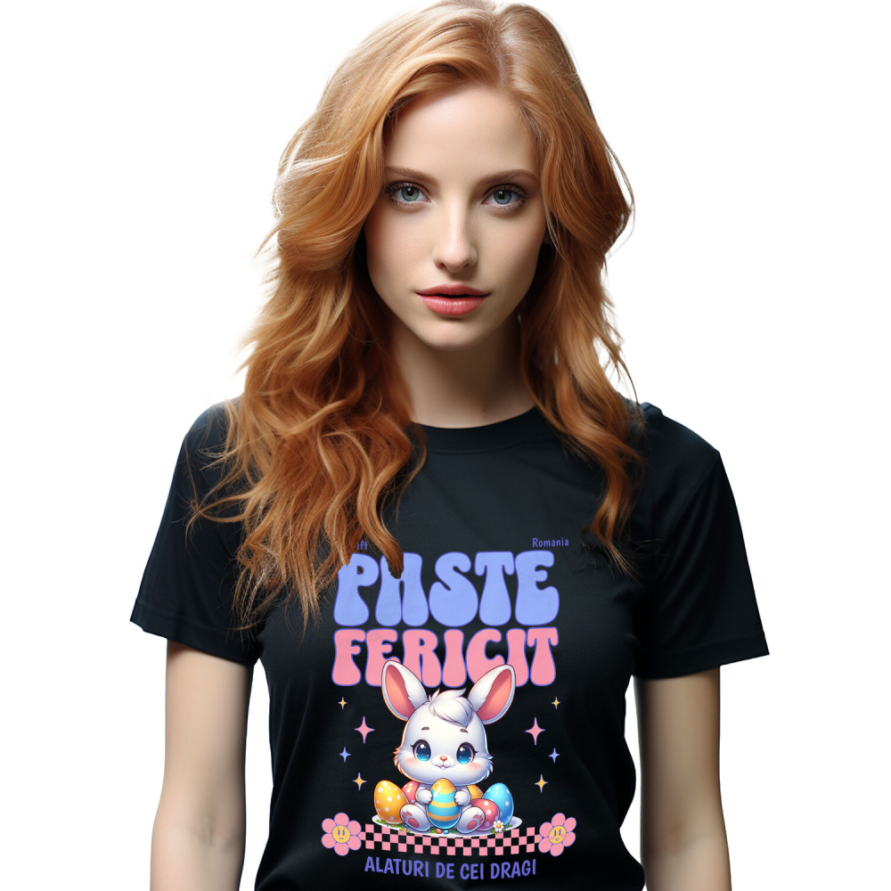 Tricou Femei, Barbati, Copii, Fata, Baiat, Unisex Personalizat "Iepure Alb Copii Cu Oua Colorate, Flori și Stele - Paște Fericit Alături De Cei Dragi" [1]