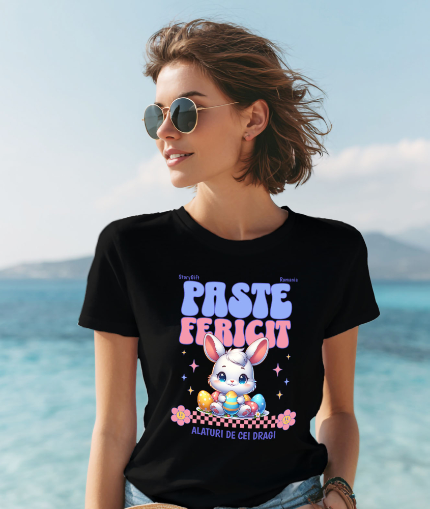 Tricou Femei, Barbati, Copii, Fata, Baiat, Unisex Personalizat "Iepure Alb Copii Cu Oua Colorate, Flori și Stele - Paște Fericit Alături De Cei Dragi" [2]