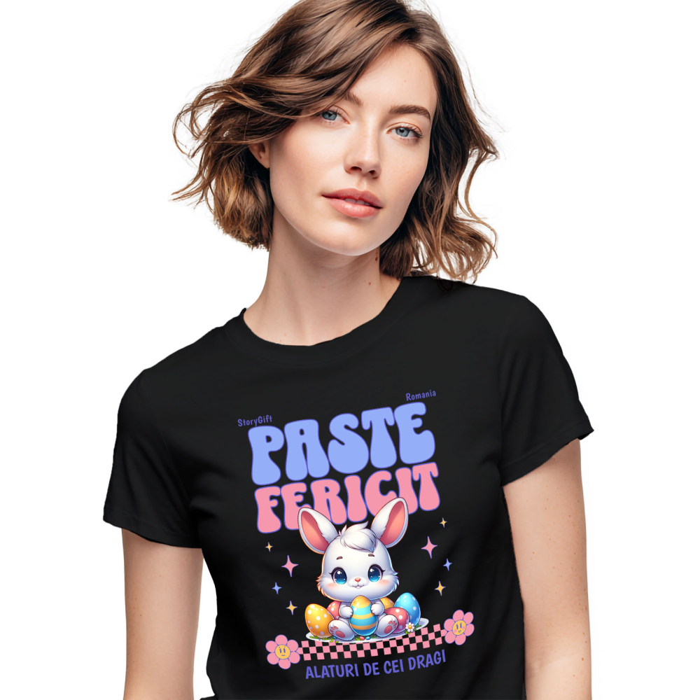 Tricou Femei, Barbati, Copii, Fata, Baiat, Unisex Personalizat "Iepure Alb Copii Cu Oua Colorate, Flori și Stele - Paște Fericit Alături De Cei Dragi" [1]