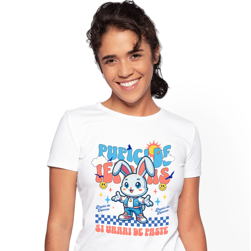 Tricou Femei, Barbati, Copii, Fata, Baiat, Unisex Personalizat "Iepure Alb cu Urechi Lungi și Îmbrăcăminte Modernă – Pupici și Urări de Paște Fericit" [1]