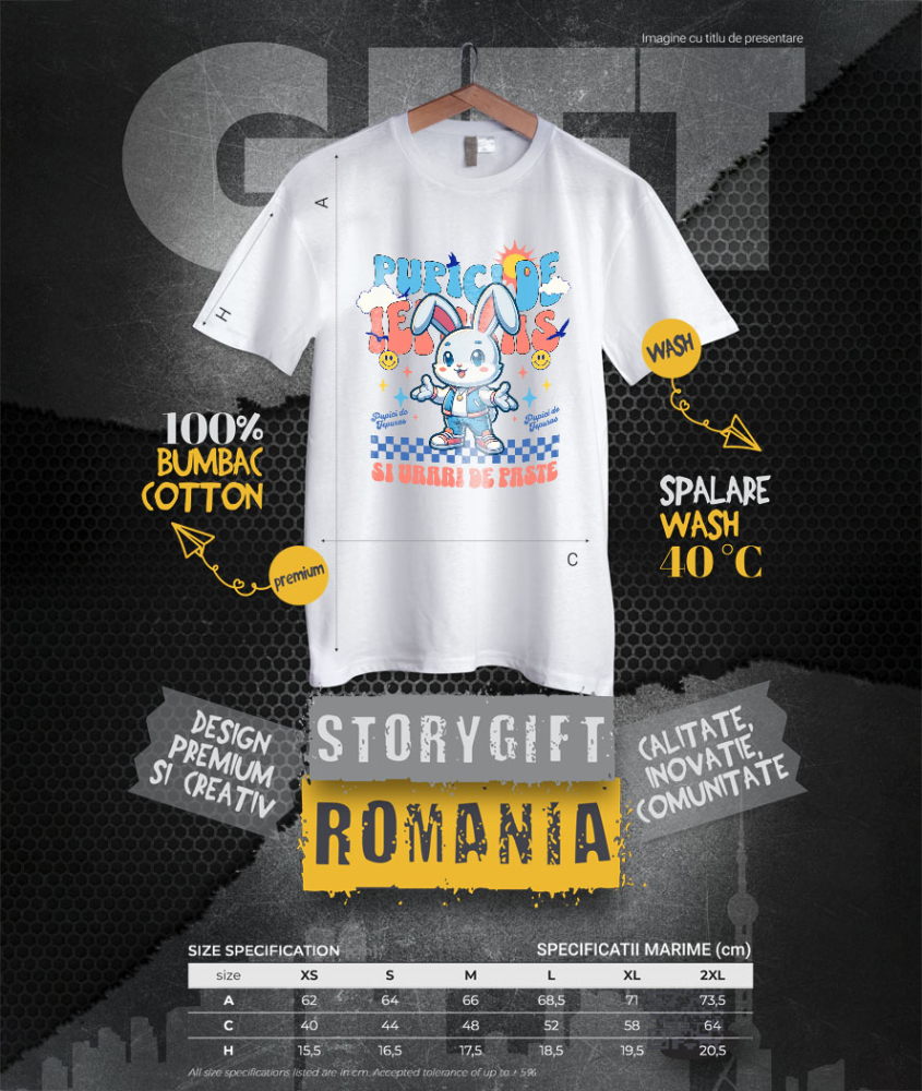 Tricou Femei, Barbati, Copii, Fata, Baiat, Unisex Personalizat "Iepure Alb cu Urechi Lungi și Îmbrăcăminte Modernă – Pupici și Urări de Paște Fericit" [4]