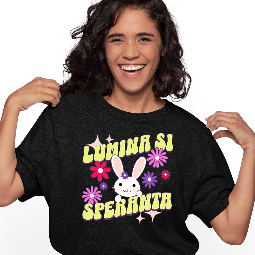 Tricou Femei, Barbati, Copii, Fata, Baiat, Unisex Personalizat "Iepure cu Floare și Urechi Lungi – Lumina și Speranța Sărbătorilor Pascale pentru Copii" [1]
