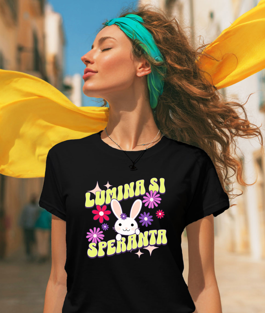Tricou Femei, Barbati, Copii, Fata, Baiat, Unisex Personalizat "Iepure cu Floare și Urechi Lungi – Lumina și Speranța Sărbătorilor Pascale pentru Copii" [2]