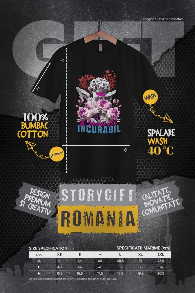 Tricou Femei, Barbati, Copii, Fata, Baiat, Unisex Personalizat Statuie Înger Copil cu Flori Roz și Mesaj „Romantic Incurabil” – Cadou Personalizat [4]
