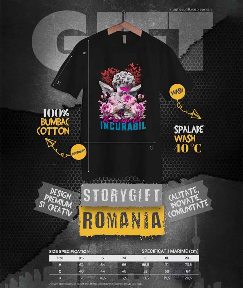 Tricou Femei, Barbati, Copii, Fata, Baiat, Unisex Personalizat Statuie Înger Copil cu Flori Roz și Mesaj „Romantic Incurabil” – Cadou Personalizat [4]