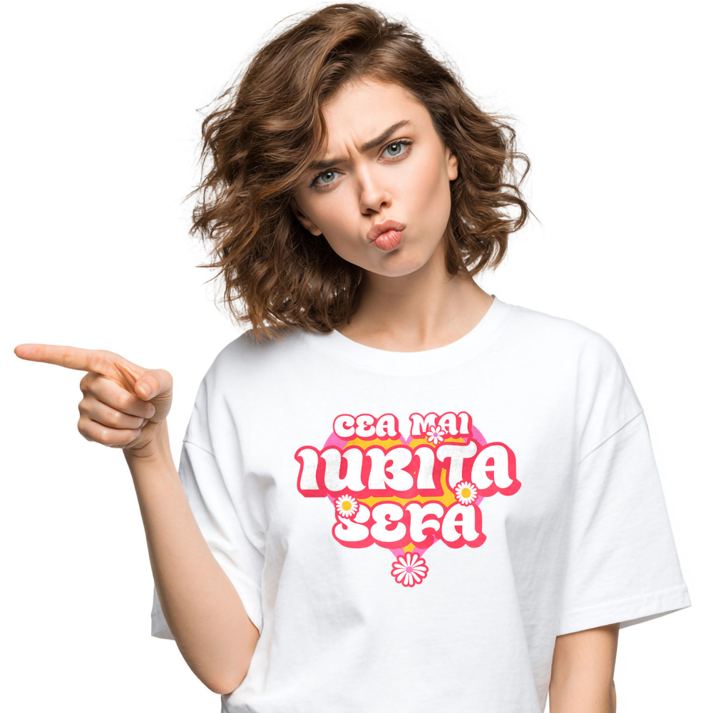 Tricou Femei, Barbati, Copii, Fata, Baiat, Unisex Personalizat Inimă Colorată cu Flori – Mesaj Haios în Română [1]