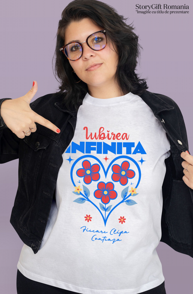 Tricou Femei, Barbati, Copii, Fata, Baiat, Unisex Personalizat Inimă cu Flori Colorate și Text „Iubirea Infinită, Fiecare Clipă Contează” | Cadouri Personalizate pentru Femei, Familie și Prieteni [2]
