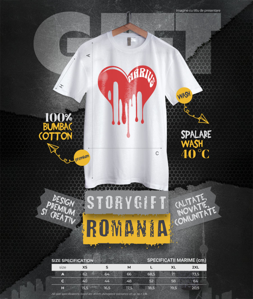 Tricou Femei, Barbati, Copii, Fata, Baiat, Unisex Personalizat Inimă Curgătoare cu Nume „Marius” – Cadou Personalizat de Valentine's Day pentru Iubitul Tău [4]