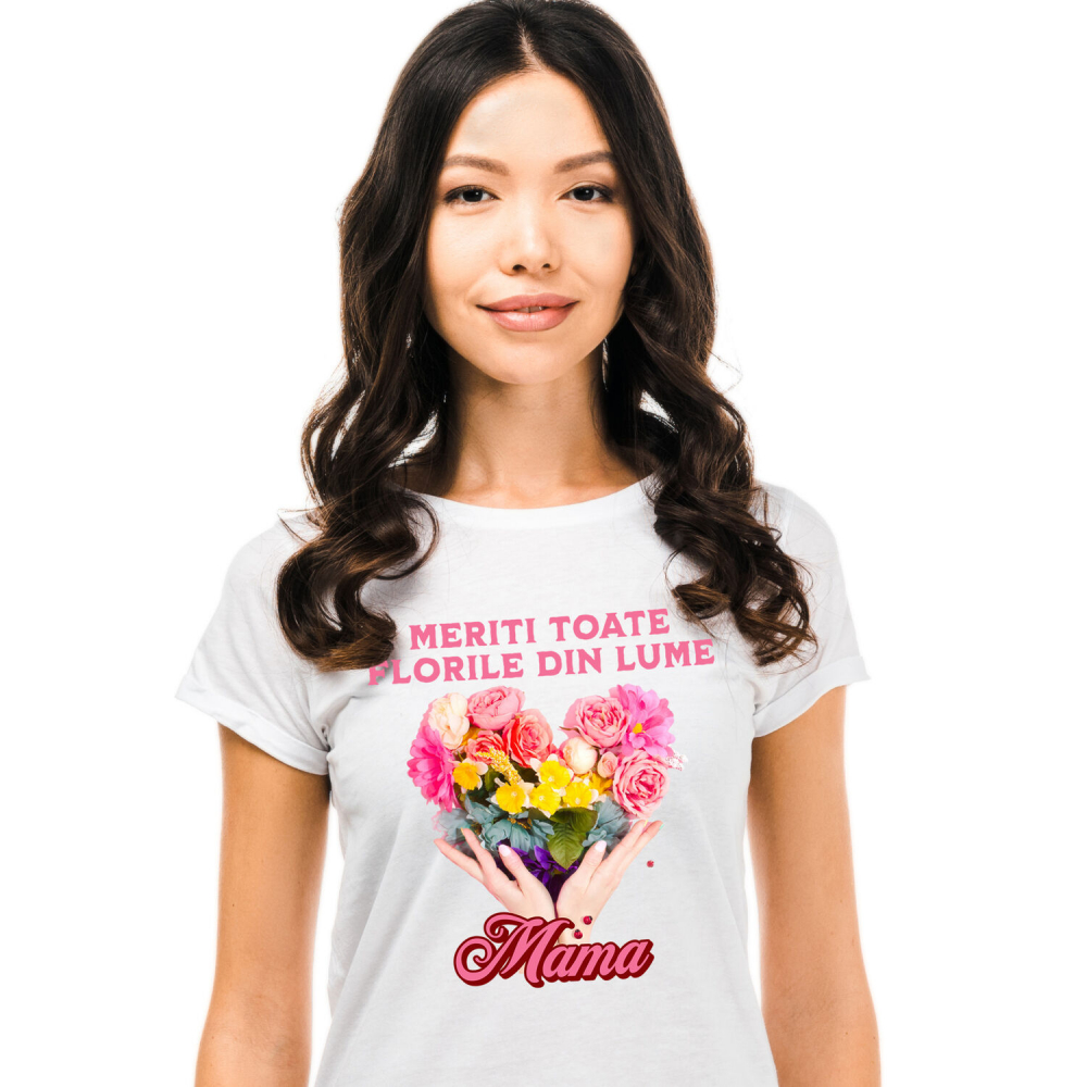Tricou Femei, Barbati, Copii, Fata, Baiat, Unisex Personalizat "Inima din Flori Colorate – Cadouri Personalizate pentru Mama de Ziua Femeii" [1]