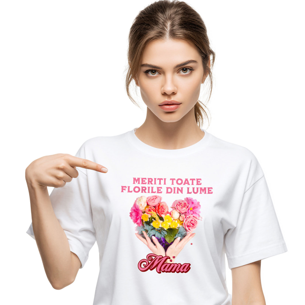 Tricou Femei, Barbati, Copii, Fata, Baiat, Unisex Personalizat "Inima din Flori Colorate – Cadouri Personalizate pentru Mama de Ziua Femeii" [1]