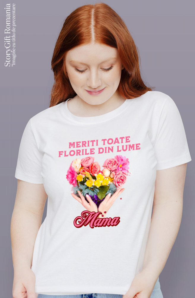Tricou Femei, Barbati, Copii, Fata, Baiat, Unisex Personalizat "Inima din Flori Colorate – Cadouri Personalizate pentru Mama de Ziua Femeii" [2]