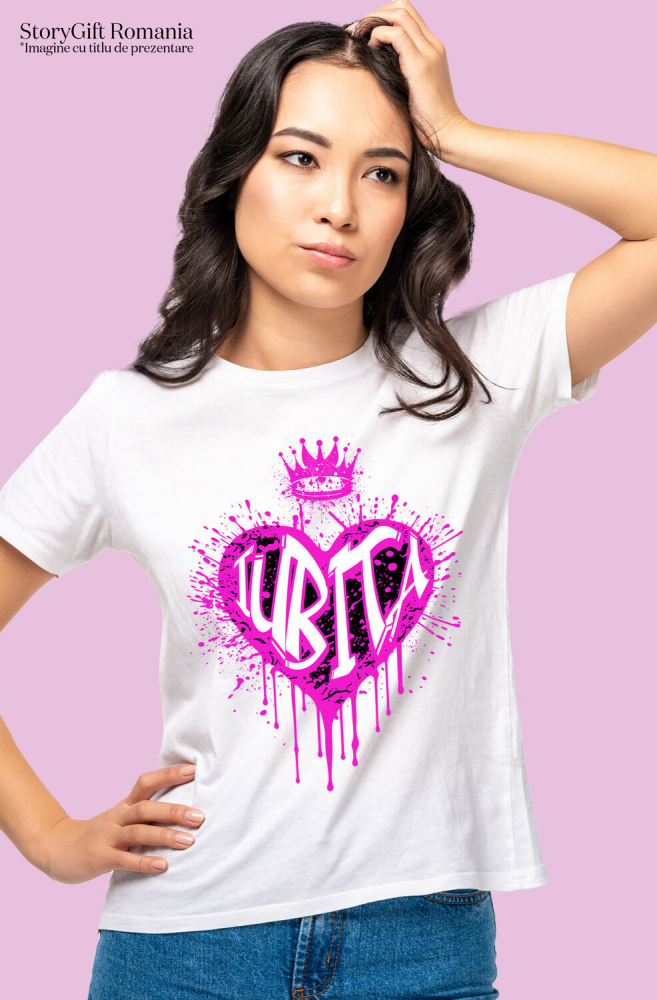 Tricou Femei, Barbati, Copii, Fata, Baiat, Unisex Personalizat Cadou personalizat pentru iubita - Inima Stil Graffiti cu Coroana, Valentine's Day [2]