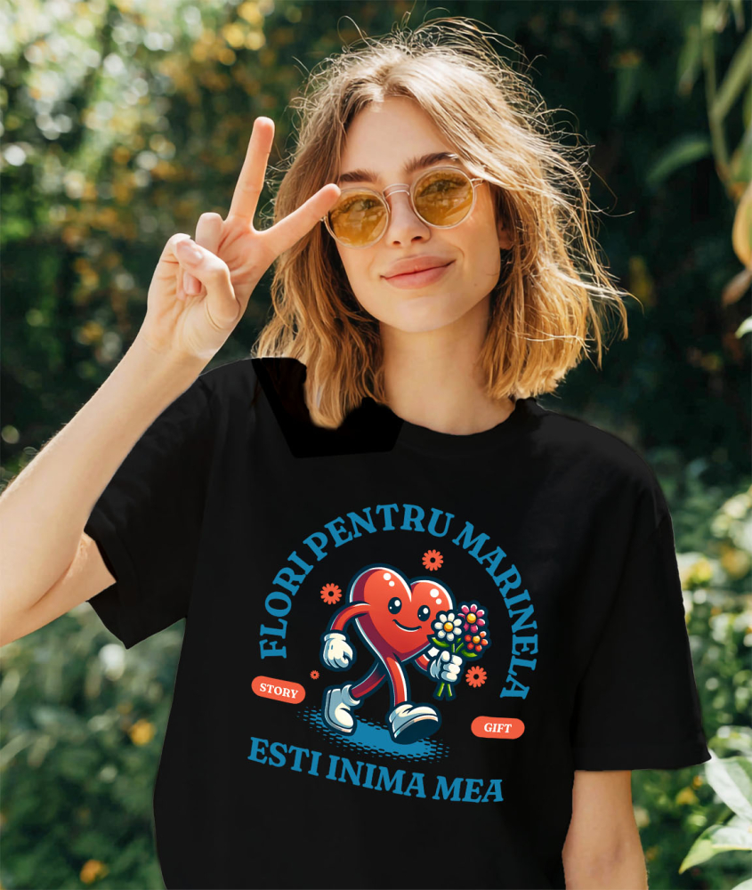 Tricou Femei, Barbati, Copii, Fata, Baiat, Unisex Personalizat Inimă Veselă cu Buchet de Flori și Mesaj „Flori pentru Marinela, Inima Mea” – Cadou Personalizat [2]