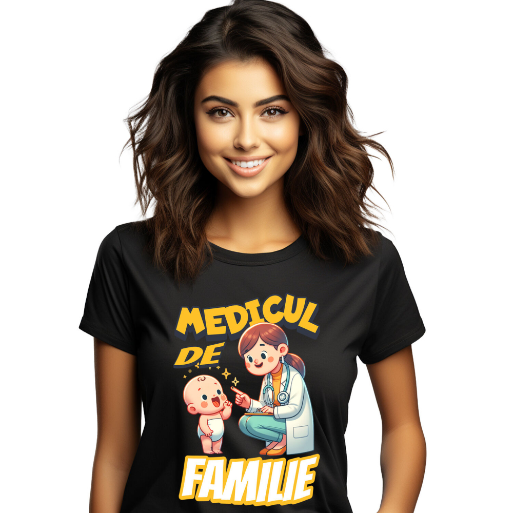 Tricou Femei, Barbati, Copii, Fata, Baiat, Unisex Personalizat Femeie Doctor cu Halat Alb și Copil Vesel – Design Personalizat [1]